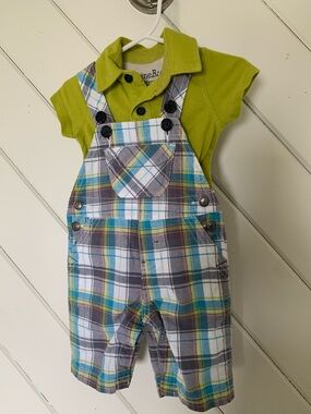Plaid Overalls Set with Lime Polo by Genuine Kids 3m